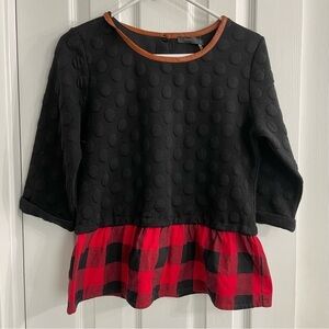 THML | Anthro Mixed Buffalo Plaid + Black Polka Dots + Faux Leather Trim Top S